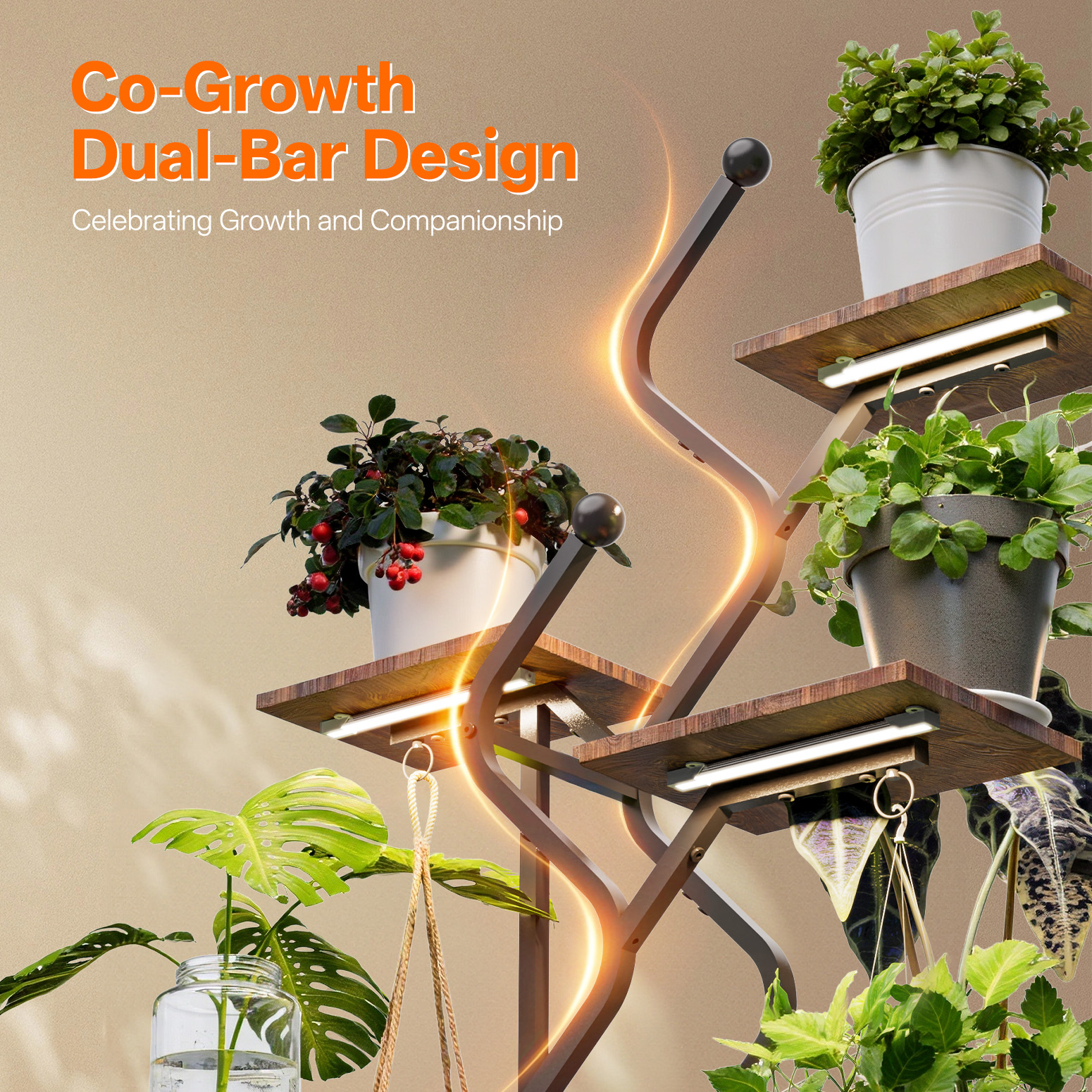 Bstrip 63 Inch 7-Tier Plant Stand with Grow Light, S-Shaped Corner Shelf with Hanging Hooks for Living Room & Patio