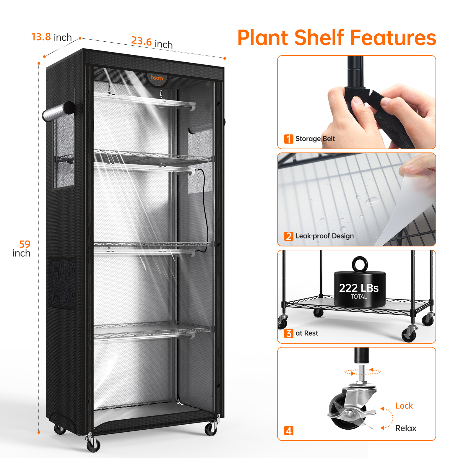 Bstrip PD65 Indoor Greenhouse with Grow Light, 4 Tier Plant Shelf with Reflective Oxford Fabric Grow Tent & Auto Timer, Full Spectrum LED Mini Greenhouse for Seed Starting, Vegetables, Flowers & Indoor Plant Growth (23.6" x 13.8" x 59")
