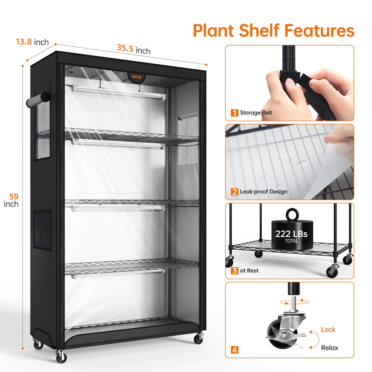 Bstrip PD95 Indoor Greenhouse with Grow Light, 4-Tier Plant Shelf with Reflective Oxford Fabric Grow Tent, 96W Full Spectrum LED Grow Light System with Auto Timer, Indoor Plant Cabinet for Seed Starting, Vegetables, Flowers & Tropical Plants (35.4" x 13.8