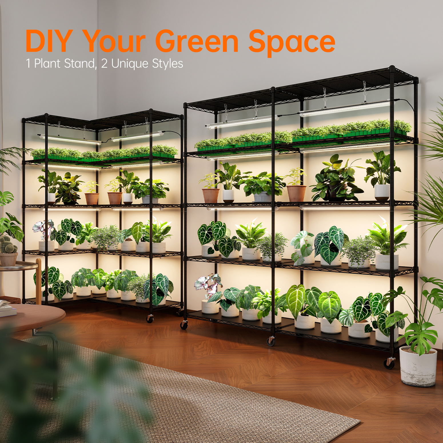 Bstrip DY155 5-Tier Plant Shelf with Grow Light, Heavy-Duty Indoor Plant Stand with 192W T8 Full Spectrum LED Grow Light System, Adjustable L-Shaped or Linear Plant Rack for Seed Starting, Herbs, Flowers & Indoor Plants (58" x 13.8" x 59")