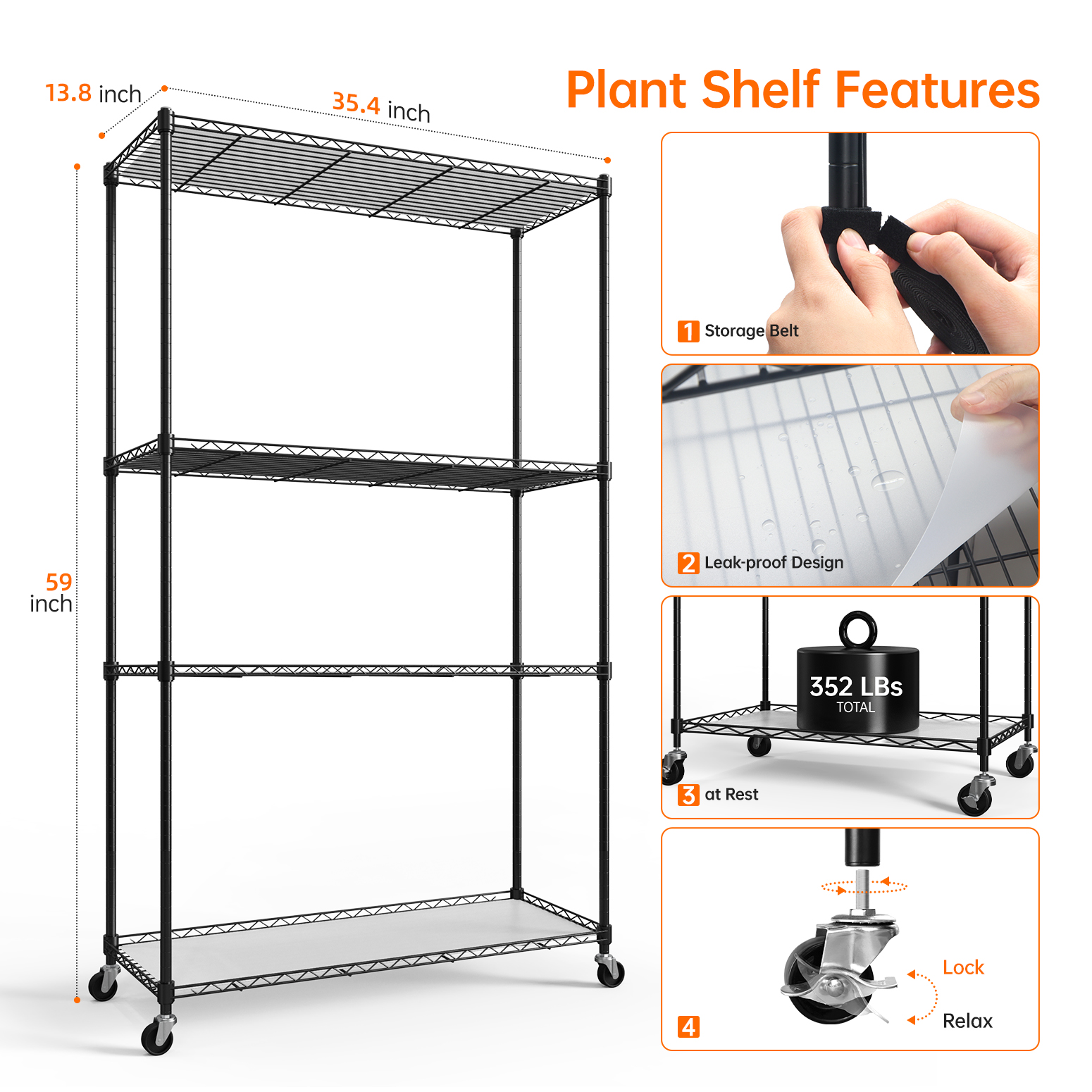 Bstrip 4-Tier Plant Shelf with Grow Lights, 59 Inch Indoor Plant Stand with 3-Pack Full Spectrum LED Grow Lights, 30W T5 Plant Light for Seed Starting, Succulents, Indoor Gardening (35.4" L x 13.8" W)