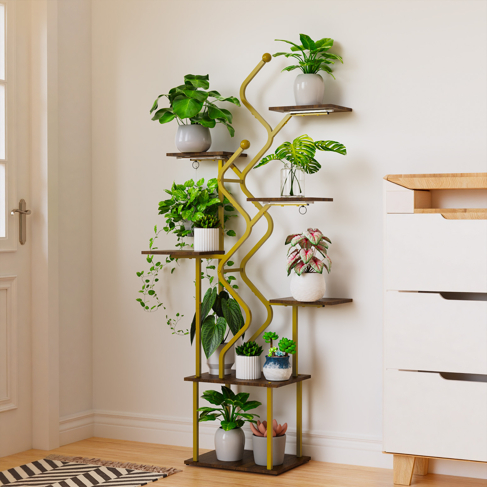 Bstrip 63 Inch 7-Tier Gold Plant Stand with Grow Light, S-Shaped Corner Shelf with Walnut Wood Panels and Hanging Hooks