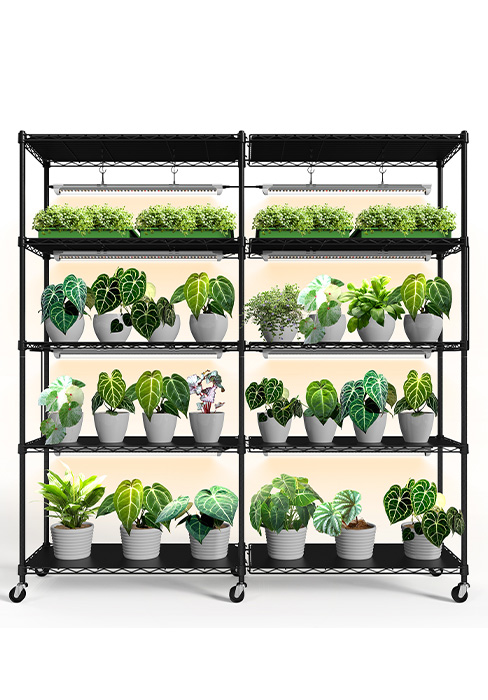 Bstrip DY155 5-Tier Plant Shelf with Grow Light, Heavy-Duty Indoor Plant Stand with 192W T8 Full Spectrum LED Grow Light System, Adjustable L-Shaped or Linear Plant Rack for Seed Starting, Herbs, Flowers & Indoor Plants (58" x 13.8" x 59")
