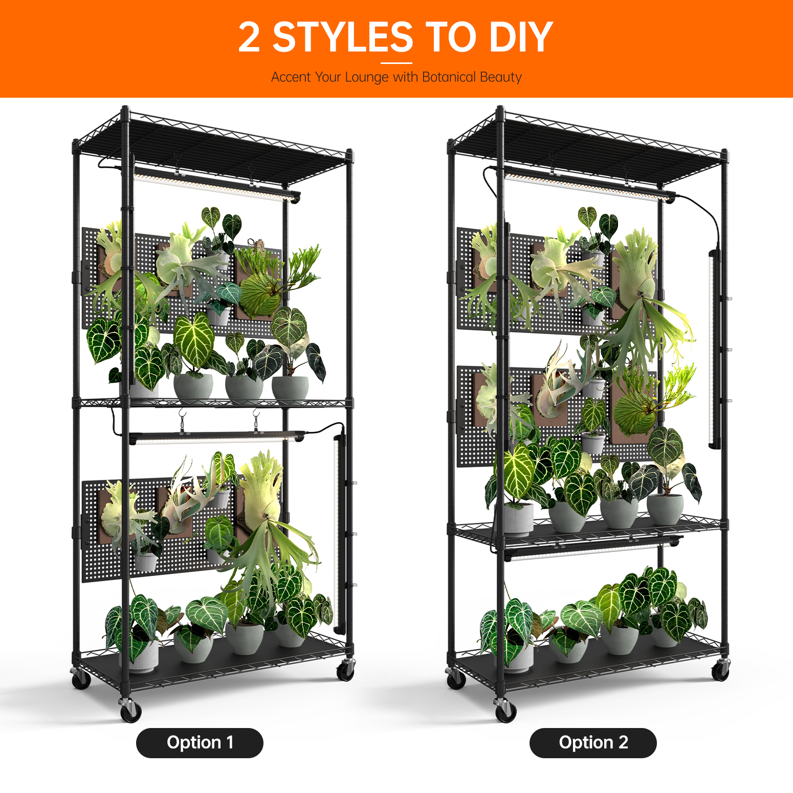 Bstrip 59" Plant Shelf with Grow Light and Pegboard, Adjustable Metal Plant Stand with 4x24W Full Spectrum LED Lights and Timer