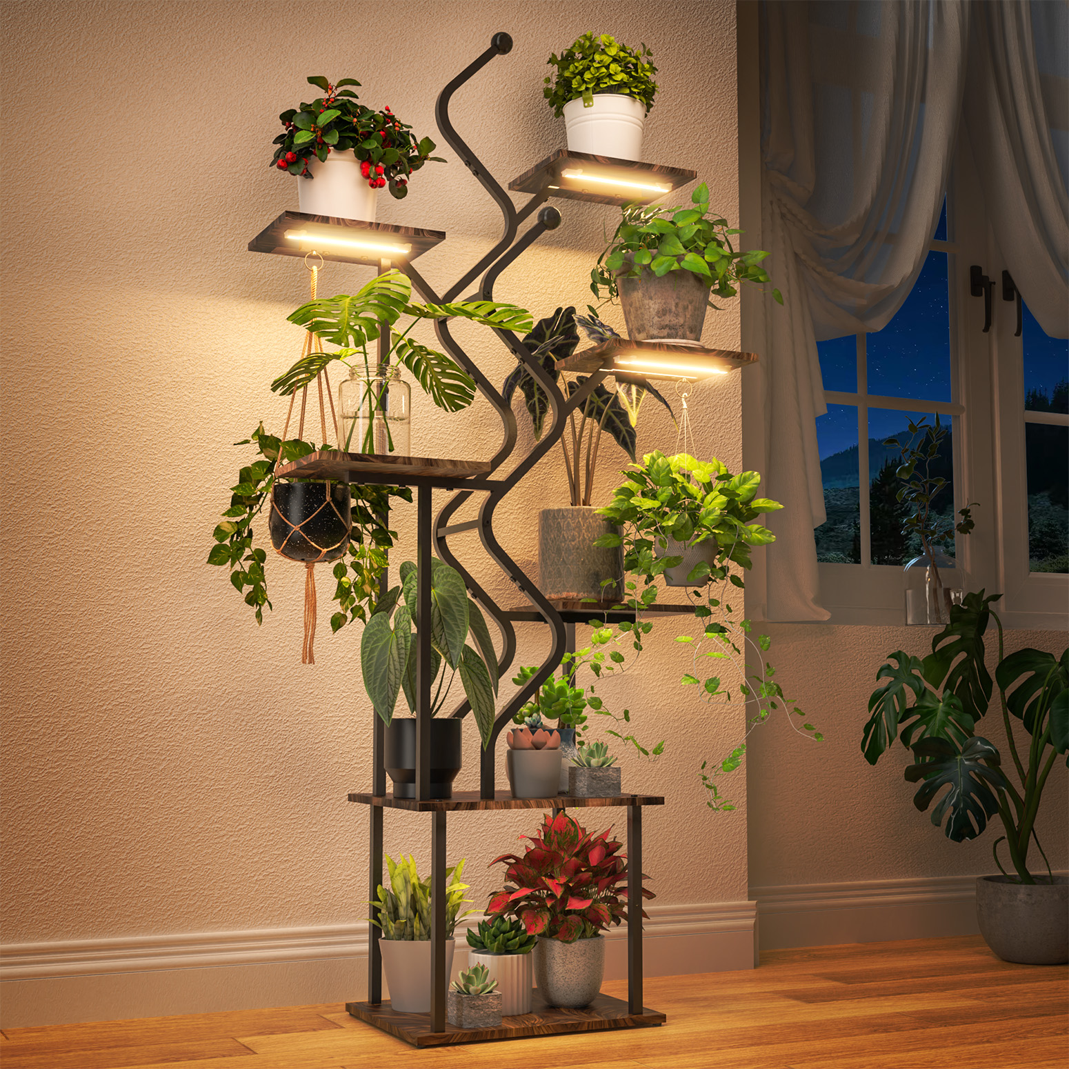 Bstrip 63 Inch 7-Tier Plant Stand with Grow Light, S-Shaped Corner Shelf with Hanging Hooks for Living Room & Patio