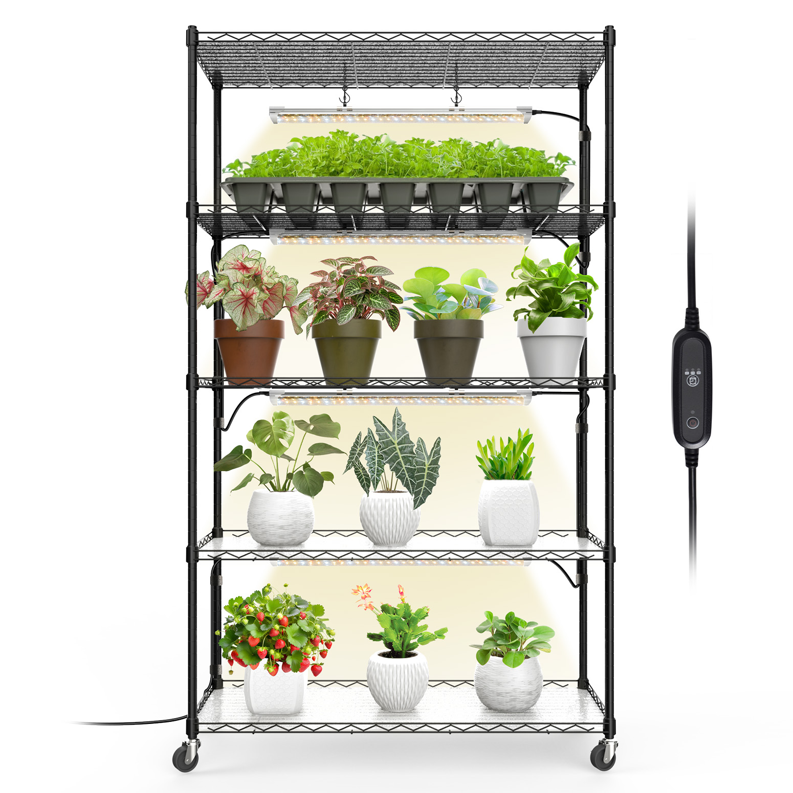 Bstrip 59" 5-Tier Metal Plant Shelf with 4x24W Grow Lights, Full Spectrum Adjustable Stand with Timer & Locking Wheels