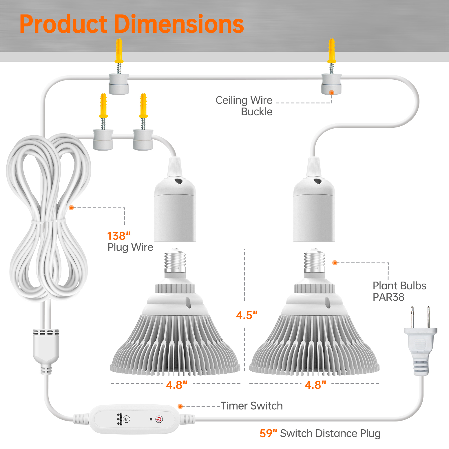 Bstrip 50W Dual Head Hanging Grow Light with Timer for Indoor Plants, 2x25W Full Spectrum Bulbs, 16.4FT Cord with Independent Switches, Ceiling Light for Tall Houseplants & Seed Starting