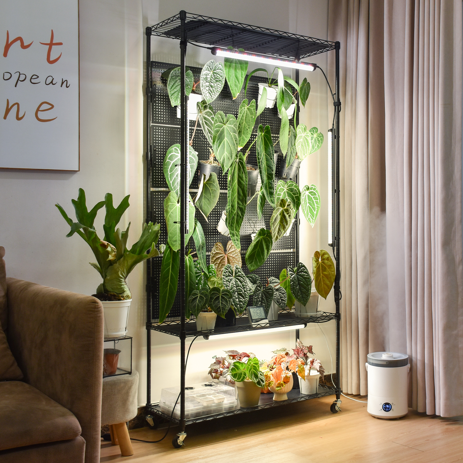 Bstrip 71" Plant Shelf with Grow Light and 4 Pegboards, Adjustable Metal Plant Stand with 4x24W Full Spectrum LED Lights and Timer