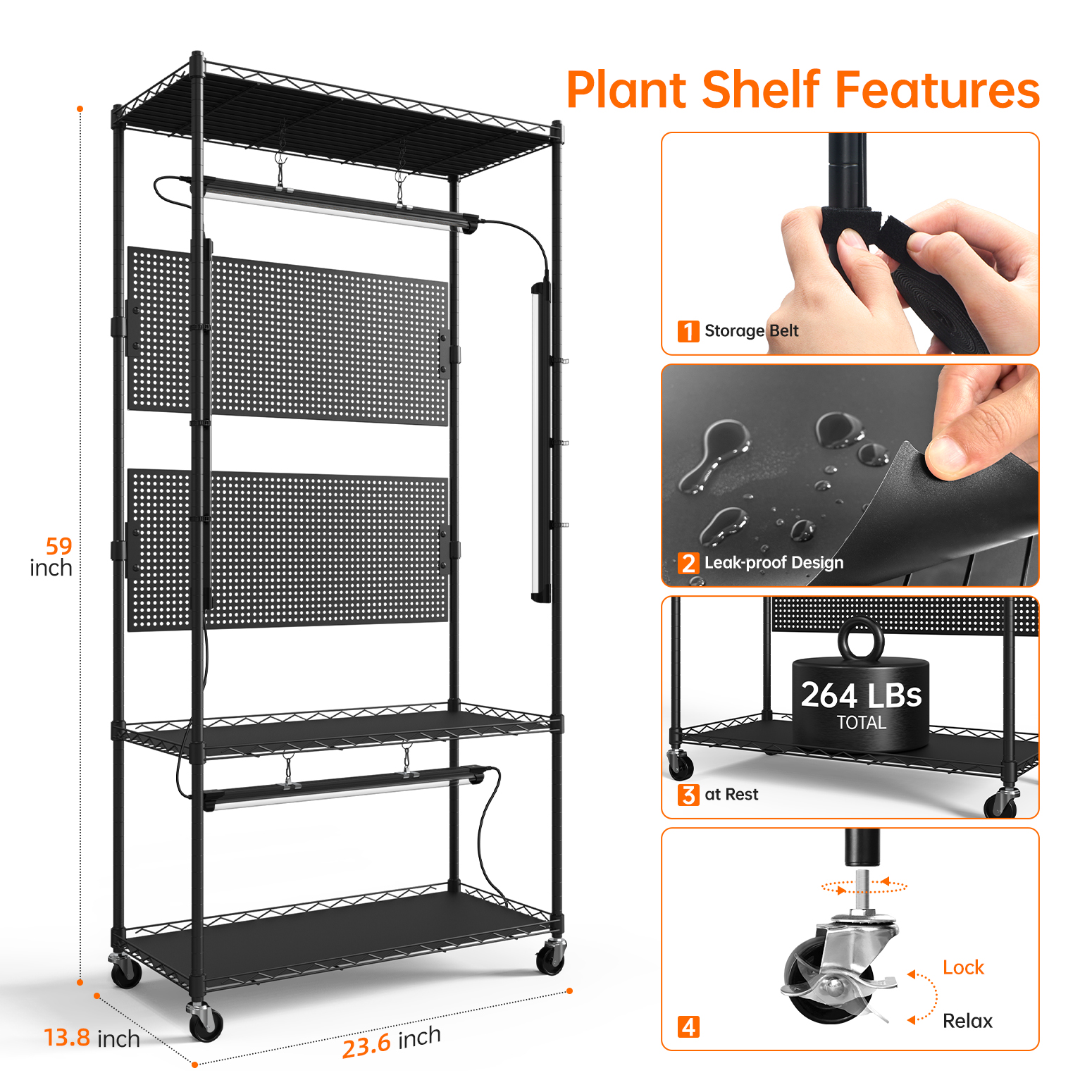 Bstrip 59" Plant Shelf with Grow Light and Pegboard, Adjustable Metal Plant Stand with 4x24W Full Spectrum LED Lights and Timer