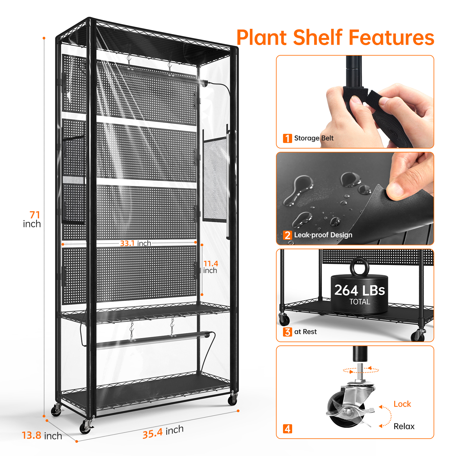 Bstrip 71" Indoor Greenhouse with Grow Light and 4 Pegboards, Vertical Gardening Cabinet with EVA Cover and Full Spectrum LED Lights