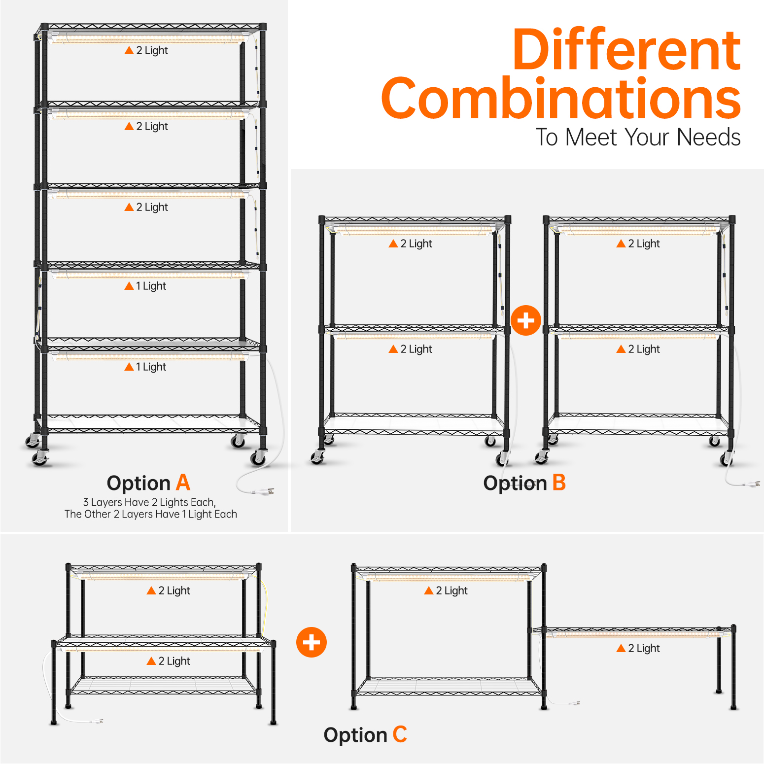 Bstrip DIY Plant Shelf with Grow Lights, Adjustable 6-Tier Plant Stand with 8-Pack 24W Full Spectrum LED Grow Lights, Mobile Gardening Station with Wheels for Seed Starting, Indoor Plants, 70.9 Inch Height