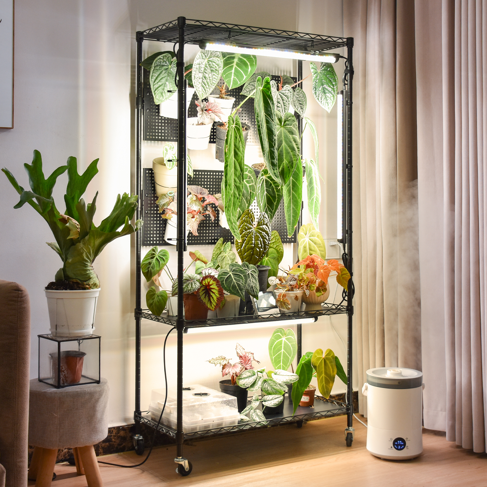 Bstrip 59" Plant Shelf with Grow Light and Pegboard, Adjustable Metal Plant Stand with 4x24W Full Spectrum LED Lights and Timer