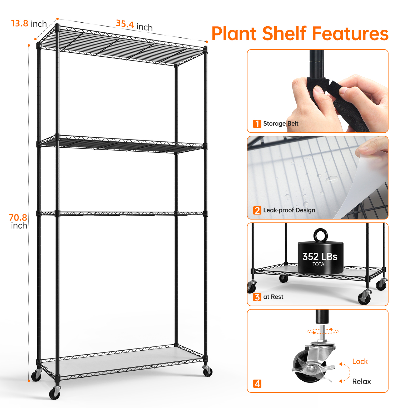 Bstrip 4-Tier Plant Shelf with Grow Lights, 70.8 Inch Tall Plant Stand with 6-Pack Full Spectrum LED Grow Lights, Adjustable Shelf with Timer & Wheels for Indoor Plants, Seed Starting, Tropical Plants