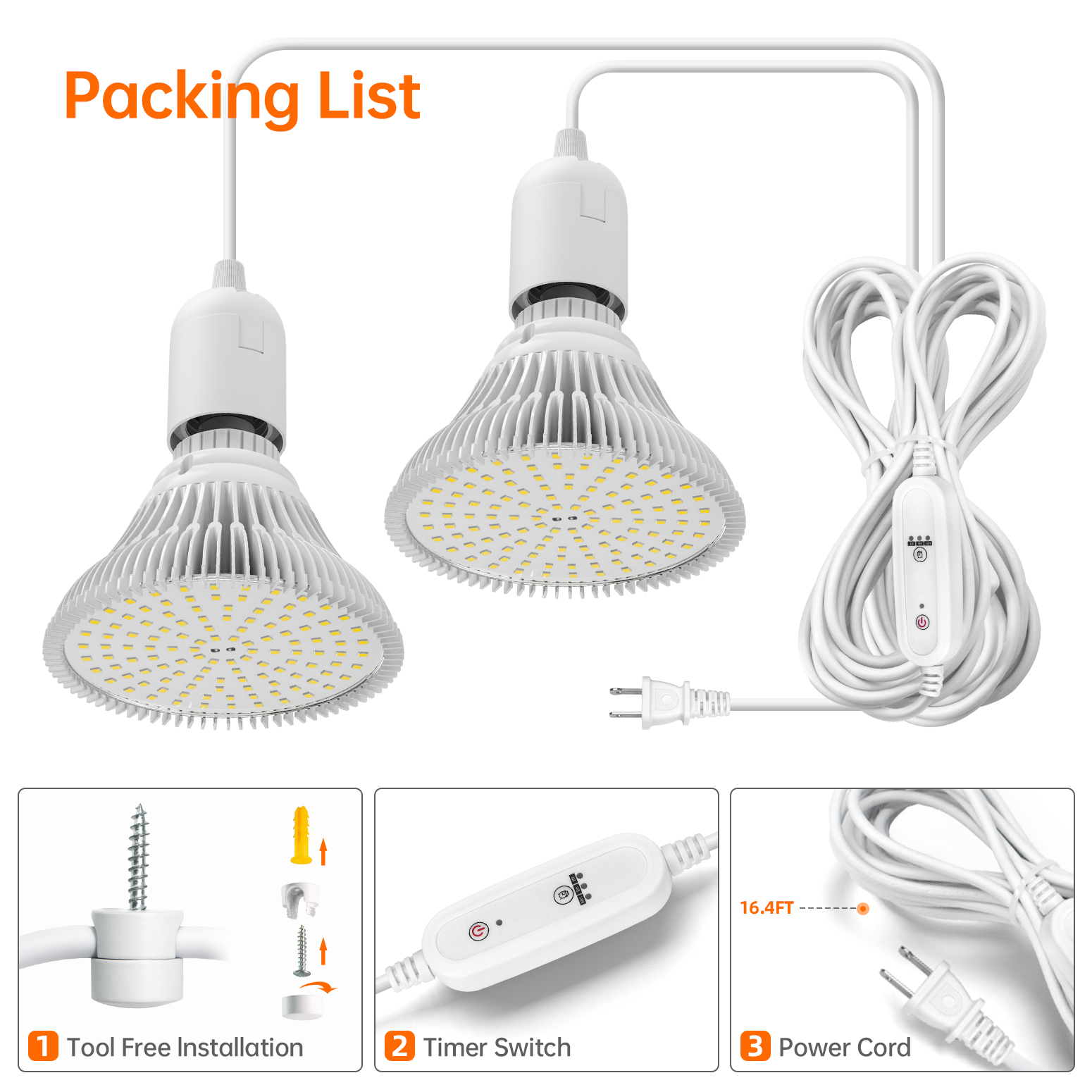 Bstrip 50W Dual Head Hanging Grow Light with Timer for Indoor Plants, 2x25W Full Spectrum Bulbs, 16.4FT Cord with Independent Switches, Ceiling Light for Tall Houseplants & Seed Starting