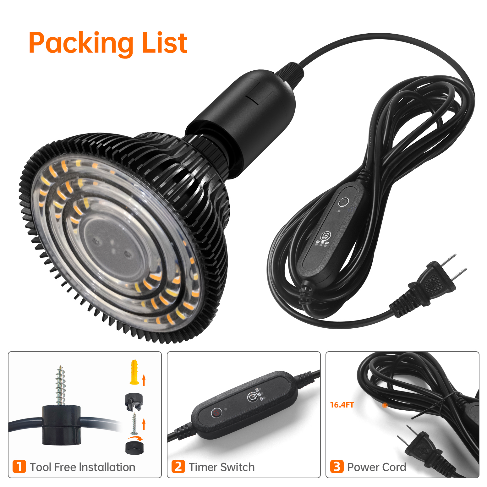 Bstrip 25W Hanging Grow Light with Optical Lens for Indoor Plants, Full Spectrum Plant Bulb with Enhanced PPFD & 98 CRI, Timer & 16.4FT Cord, Black Pendant Light for Tall Plants, Flowers, Indoor Gardening