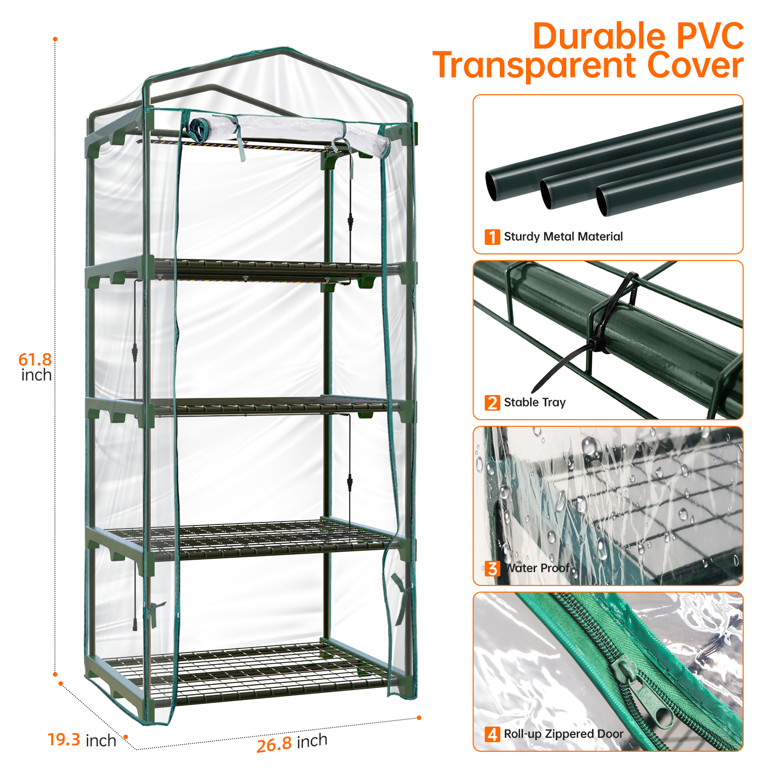Bstrip Indoor Greenhouse with Grow Lights, 4 Tier 61.8" Mini Greenhouse with Zippered PVC Cover, Four 15W Full Spectrum LED Plant Lights with Timer, Dimmable Grow Light for Seed Starting Trays and Indoor Plants
