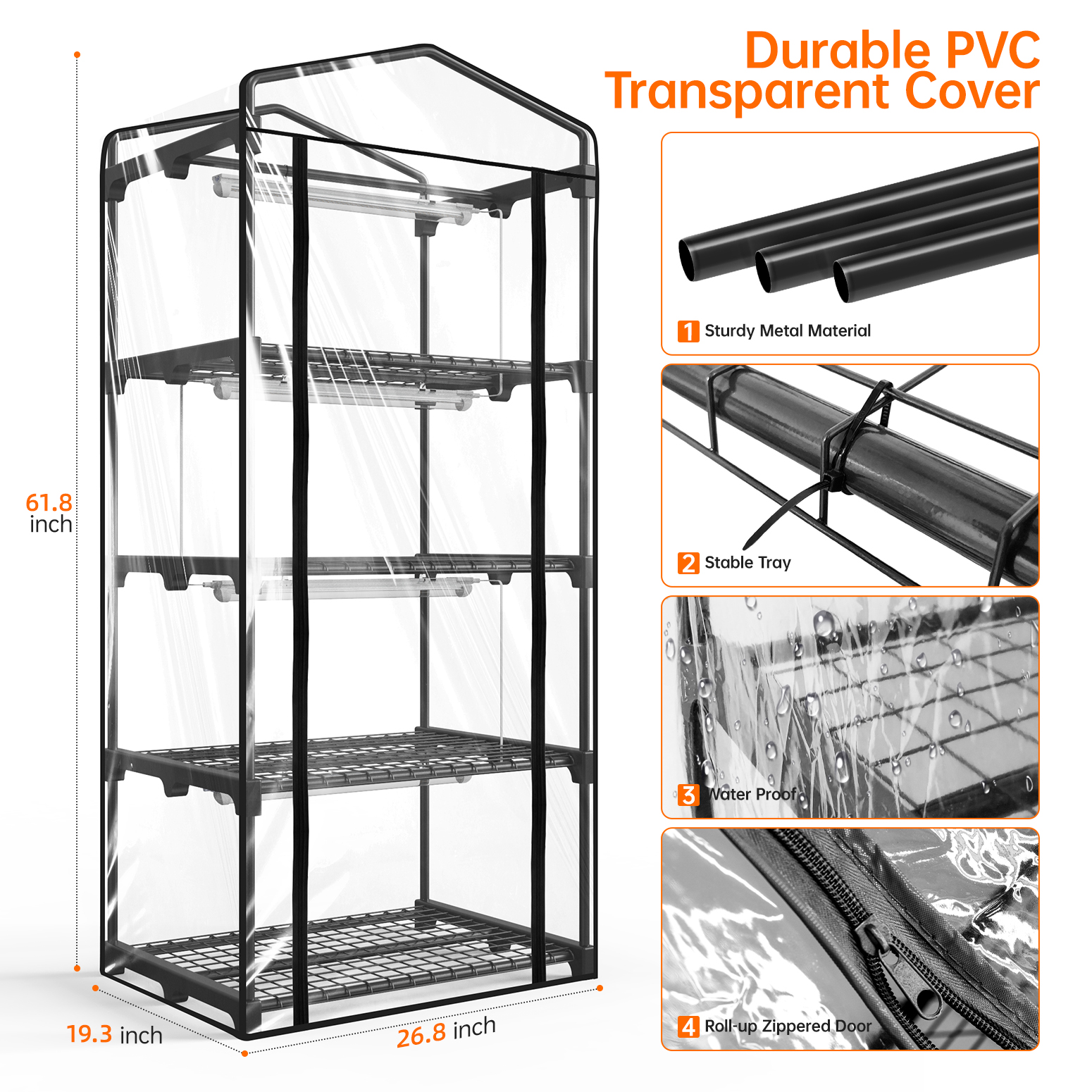 Bstrip Indoor Greenhouse with Grow Lights, 4-Tier Mini Greenhouse with 4 Pack 20W Full Spectrum Plant Lights, Timer Function & PVC Cover, 61.8" Plant Shelf for Seed Starting, Indoor Gardening, 27.2"x19.9"x61.8"
