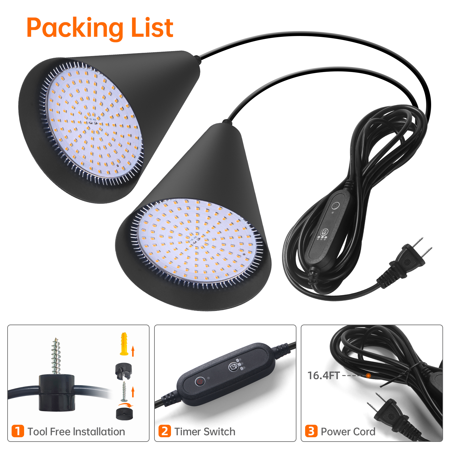 Bstrip 50W Dual Head Hanging Grow Light with Timer, 2x25W Full Spectrum LED Plant Light Bulbs 98 CRI, 16.4FT Power Cord for Indoor Plants, Tall Plants, Gardens, Flowers, Greenhouses