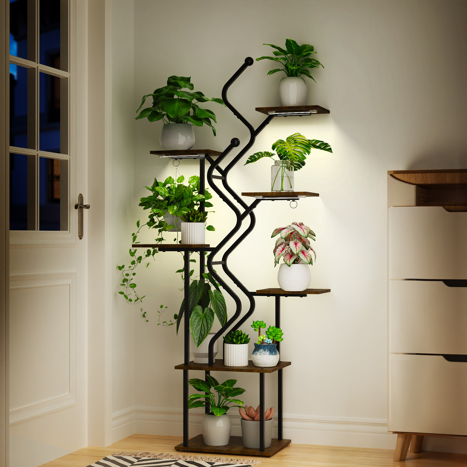 Bstrip 63 Inch 7-Tier Plant Stand with Grow Light, S-Shaped Corner Shelf with Hanging Hooks for Living Room & Patio