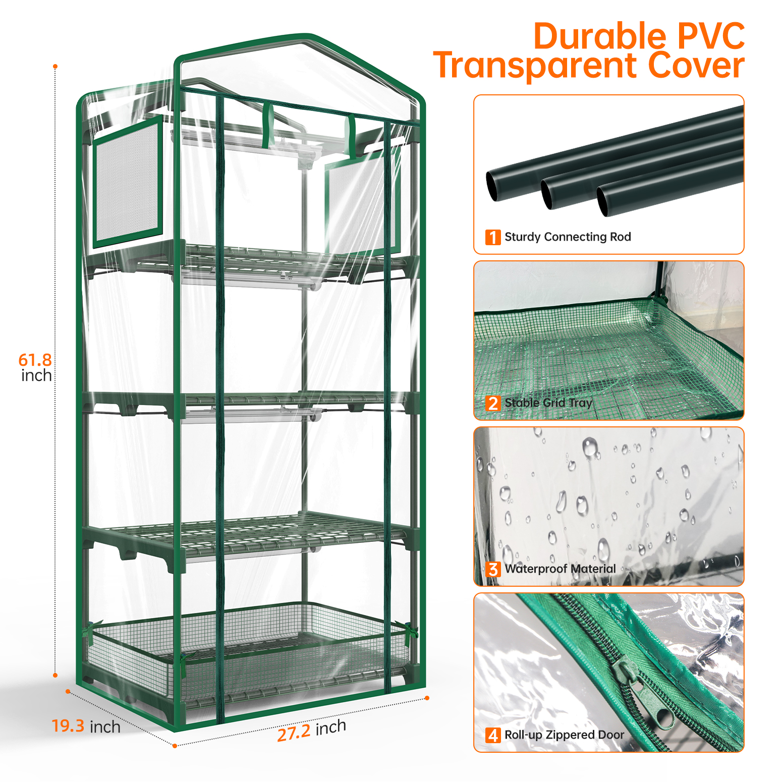 Bstrip Indoor Greenhouse with Grow Lights, 4-Tier Mini Greenhouse with PVC Tent & Waterproof Base Mat, 4Pcs T8 LED Grow Lights with Timer, Ventilation Windows & Zippered Door for Seed Starting, 27.2x19.3x61.8 Inches