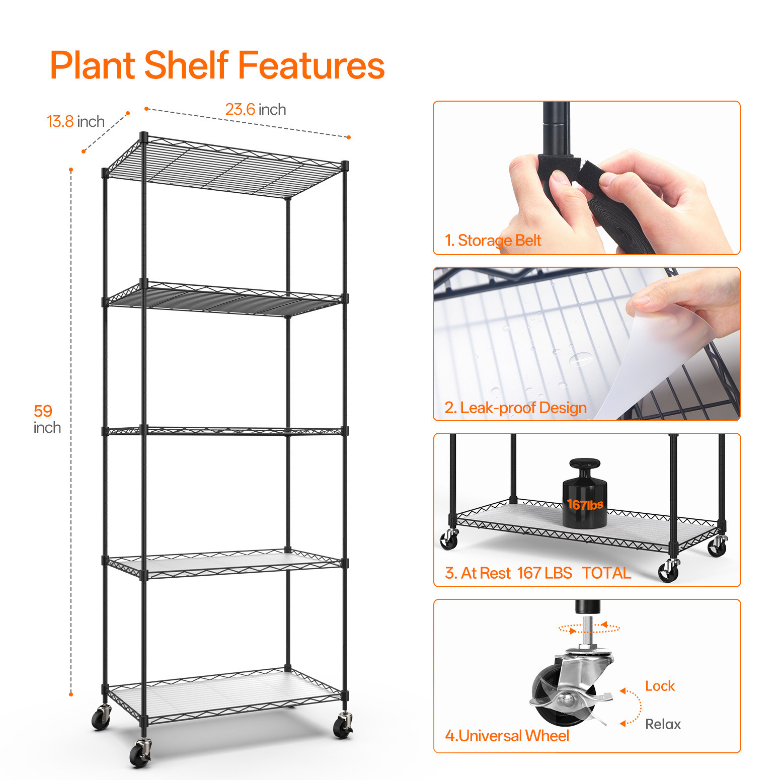 Bstrip 5-Tier Metal Plant Stand with Grow Lights, 59" Adjustable Shelf with 4 T8 Full Spectrum Lights & Timer
