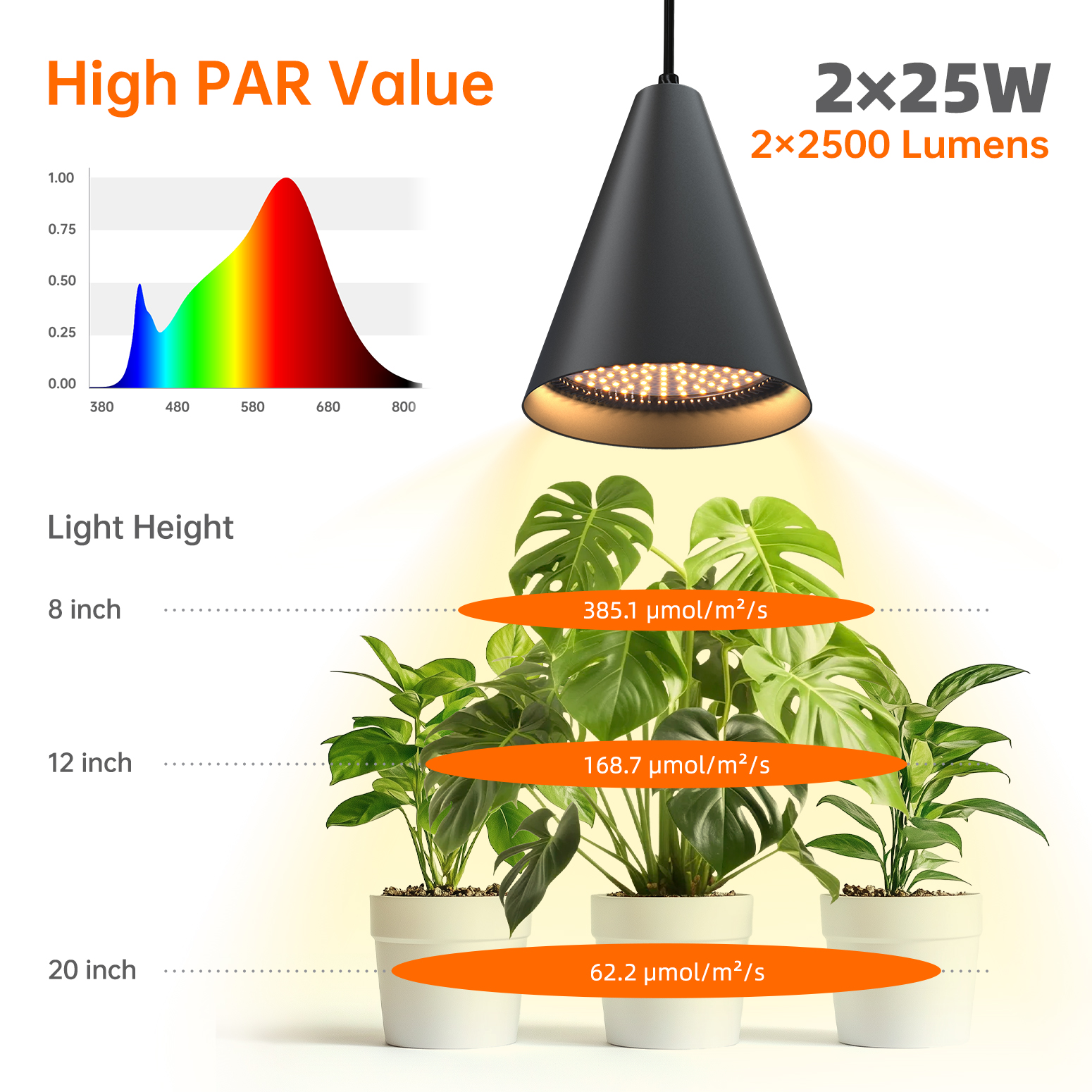 Bstrip 50W Dual Head Hanging Grow Light with Timer, 2x25W Full Spectrum LED Plant Light Bulbs 98 CRI, 16.4FT Power Cord for Indoor Plants, Tall Plants, Gardens, Flowers, Greenhouses