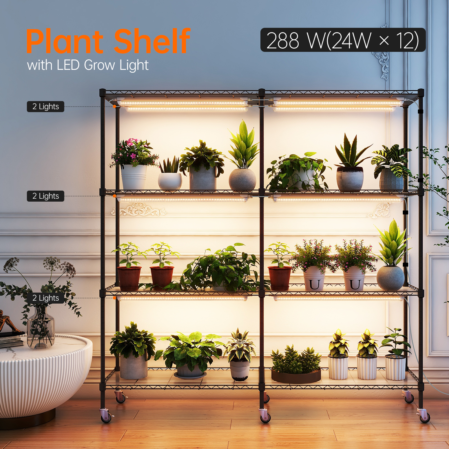 Bstrip Plant Shelf with Grow Lights, 4-Tier Indoor Plant Stand with 12-Pack Full Spectrum LED Grow Lights, 360LB Capacity & Adjustable Height, Mobile Gardening Station with Wheels for Seed Starting, Succulents