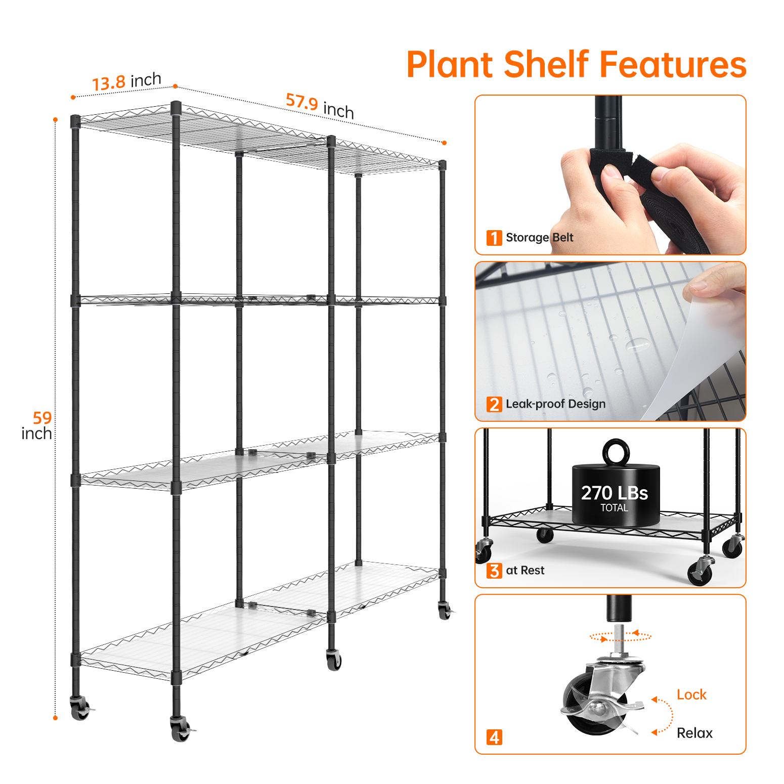 Bstrip Plant Shelf with Grow Lights, 4-Tier Indoor Plant Stand with 12-Pack Full Spectrum LED Grow Lights, 360LB Capacity & Adjustable Height, Mobile Gardening Station with Wheels for Seed Starting, Succulents