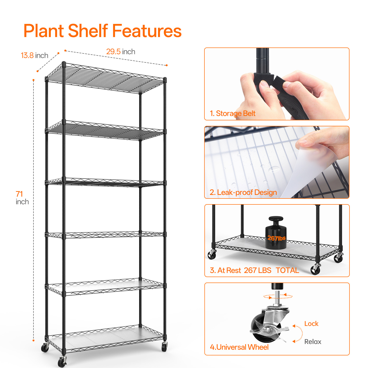 Bstrip 71" 6-Tier Metal Plant Shelf with 5x24W Grow Lights, Full Spectrum Adjustable Stand with Wheels for Indoor Plants