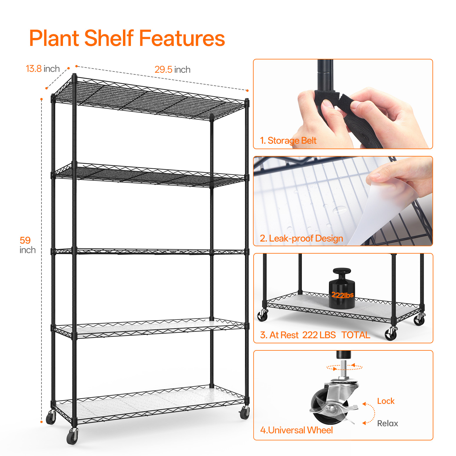 Bstrip 59" 5-Tier Metal Plant Shelf with 4x24W Grow Lights, Full Spectrum Adjustable Stand with Timer & Locking Wheels