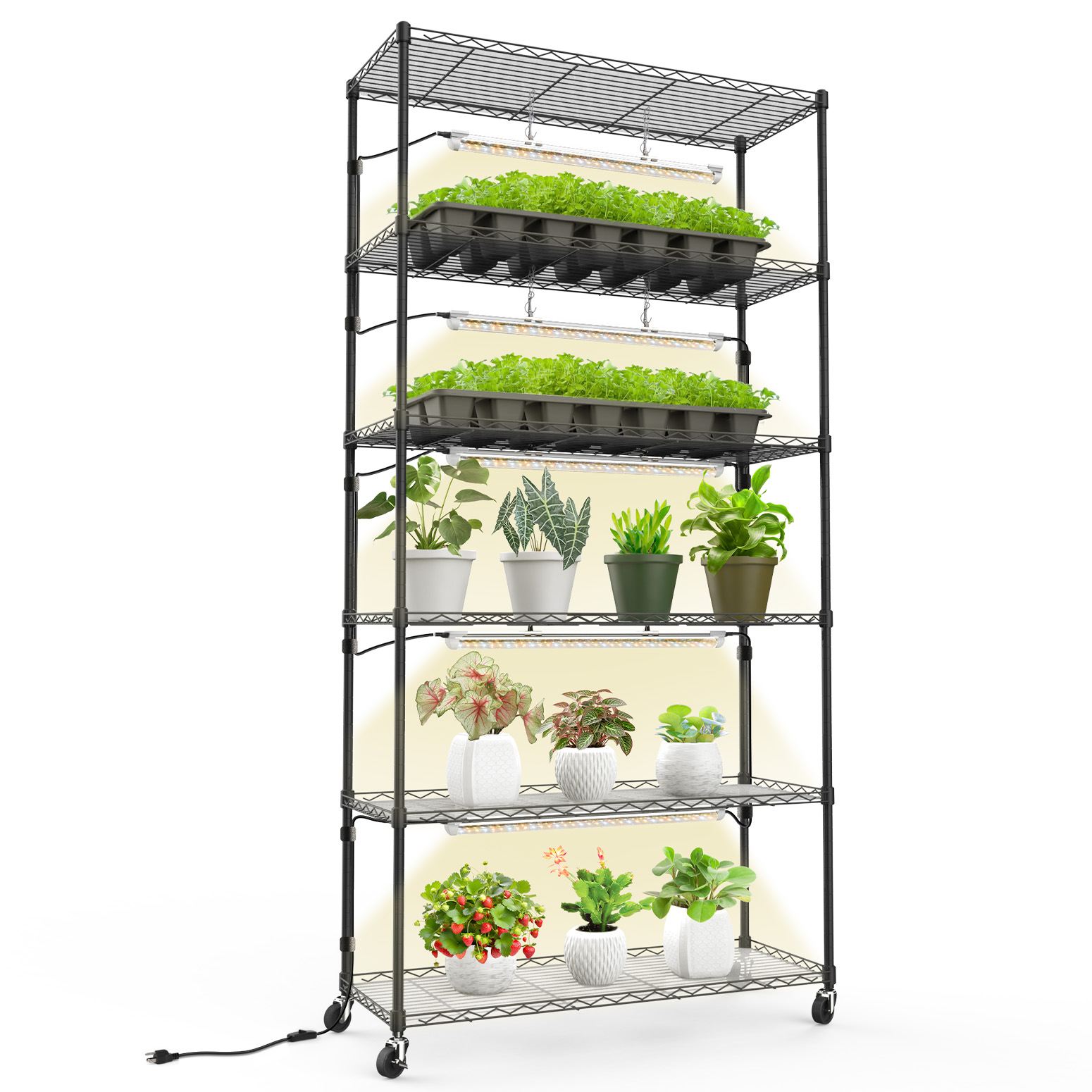 Bstrip 71" 6-Tier Metal Plant Shelf with 5x24W Grow Lights, Full Spectrum Adjustable Stand with Wheels for Indoor Plants