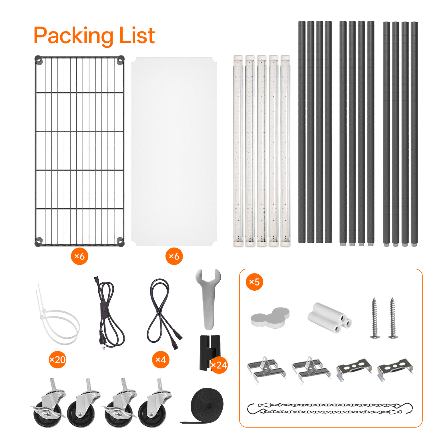 Bstrip 71" 6-Tier Metal Plant Shelf with 5x24W Grow Lights, Full Spectrum Adjustable Stand with Wheels for Indoor Plants