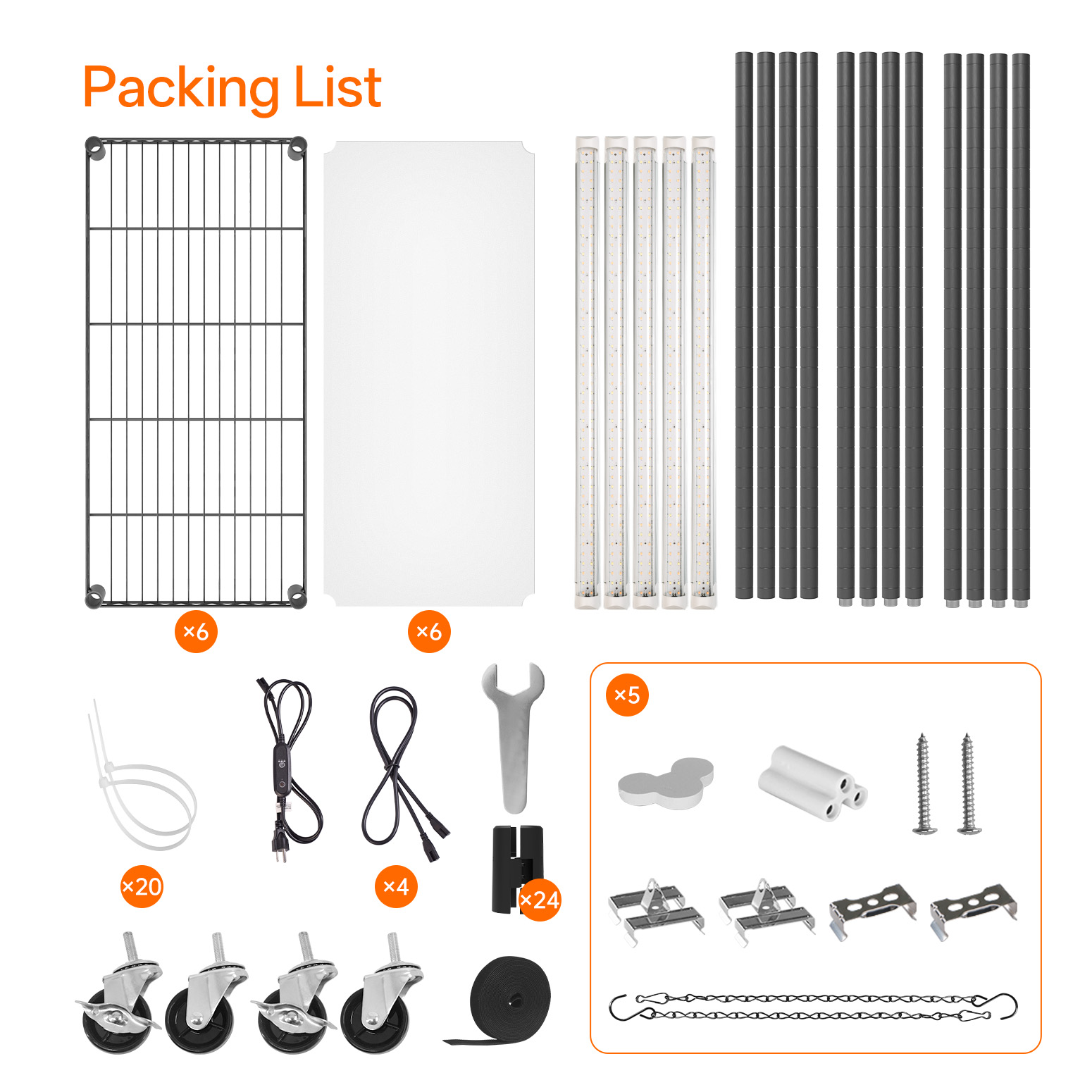 Bstrip 59" 5-Tier Metal Plant Shelf with 4x24W Grow Lights, Full Spectrum Adjustable Stand with Timer & Locking Wheels