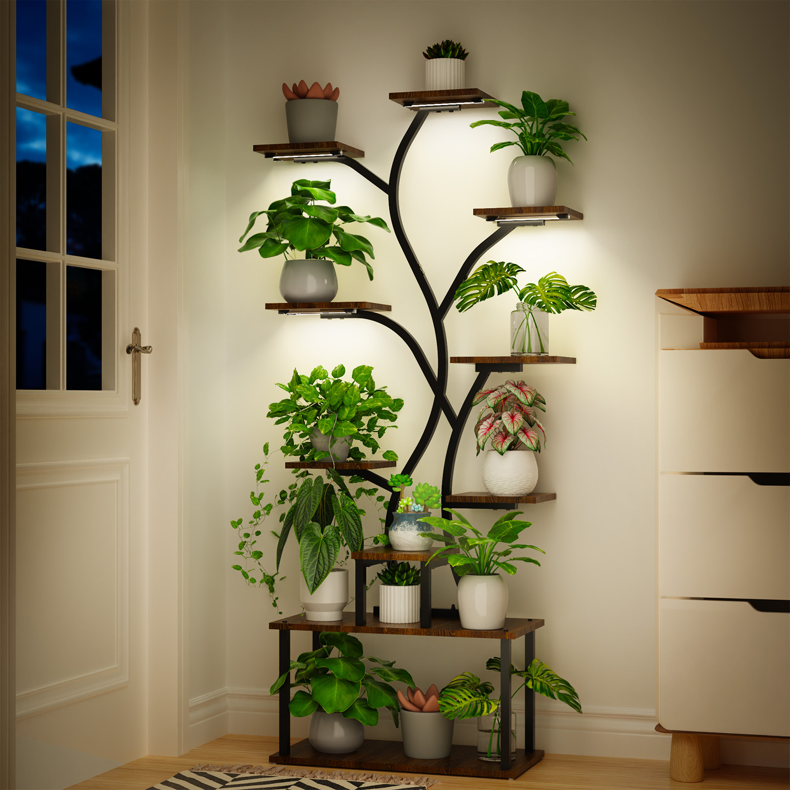 Bstrip 63 Inch 10-Tier Plant Stand with Grow Light, Tree Shaped Design Indoor Plant Shelf for Home Corner and Patio