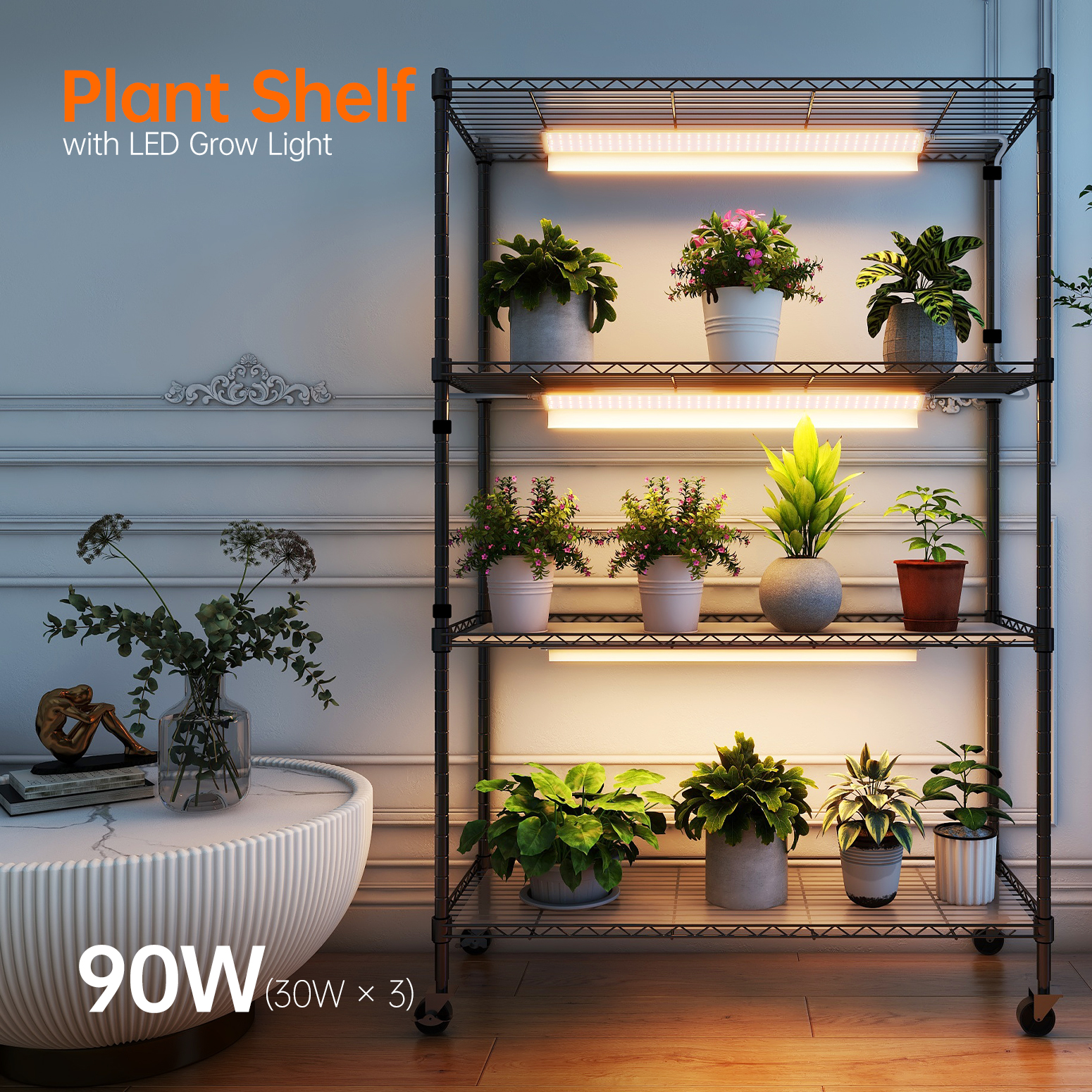 Bstrip 4-Tier Plant Shelf with Grow Lights, 59 Inch Indoor Plant Stand with 3-Pack Full Spectrum LED Grow Lights, 30W T5 Plant Light for Seed Starting, Succulents, Indoor Gardening (35.4" L x 13.8" W)