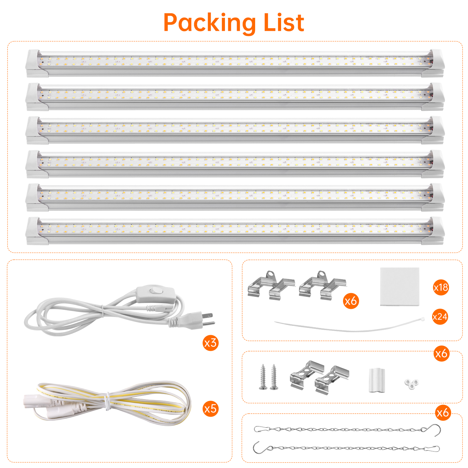 Bstrip T8 Grow Light 2FT, 24W Full Spectrum LED Plant Light with 660nm Red LEDs, Linkable Design up to 4 Lights, High PPFD 343.7μmol/m²/s for Indoor Plants, Greenhouse, Seed Starting, 6-Pack