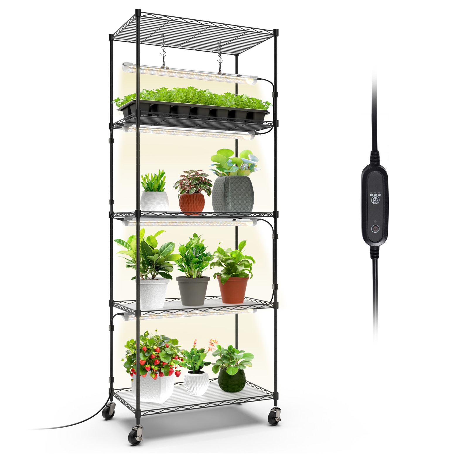Bstrip 5-Tier Metal Plant Stand with Grow Lights, 59" Adjustable Shelf with 4 T8 Full Spectrum Lights & Timer