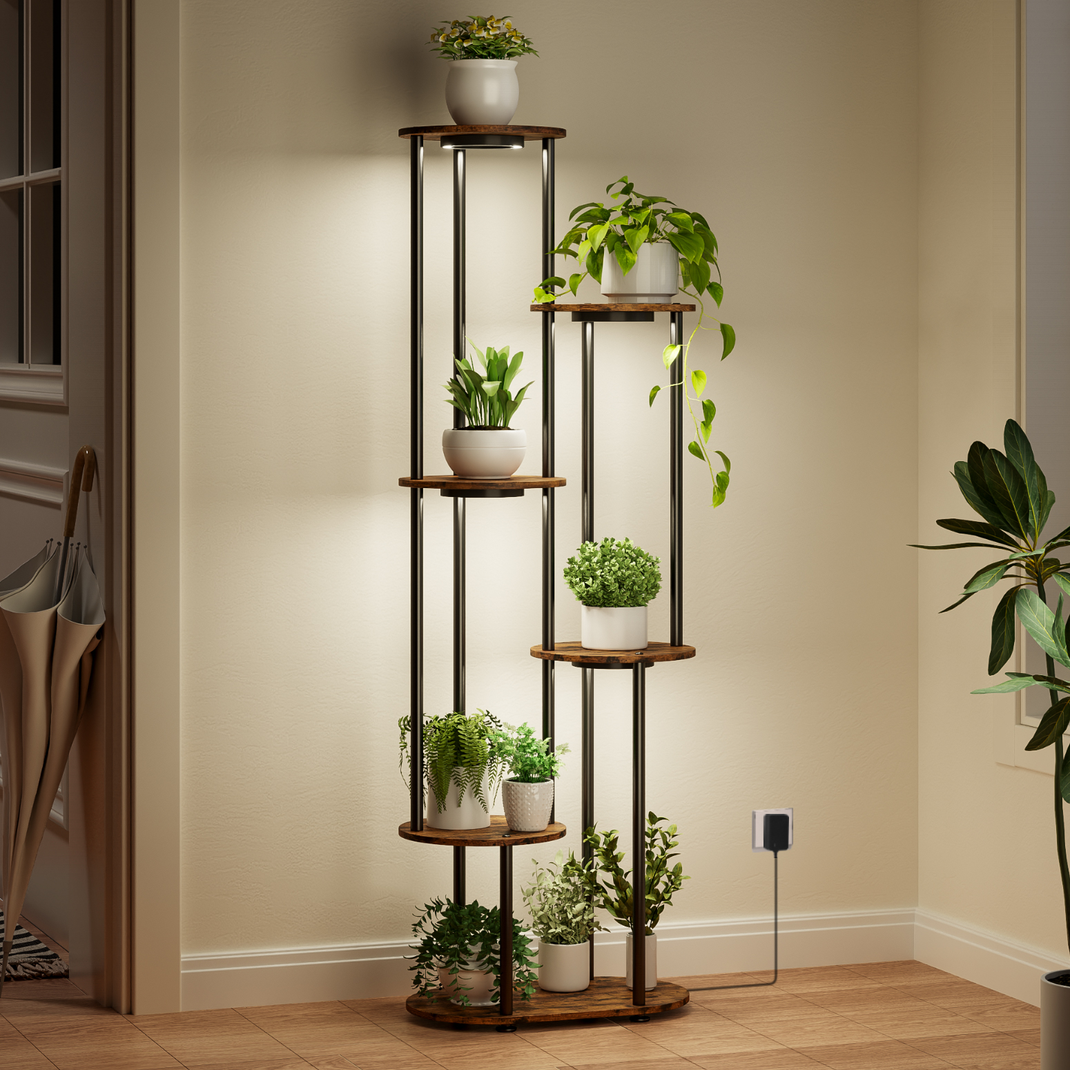 Bstrip Plant Stand with Grow Light, 50 Inch High Indoor Plant Shelf with 4 Full Spectrum LED Plant Lights, 6 Tier Metal and Wood Flower Stand with Adjustable Brightness & Timer, Double-Row Plant Rack for Home Corner Decor