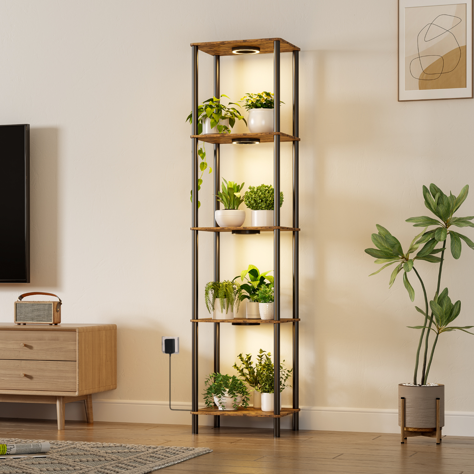 Bstrip Plant Stand with Grow Light, 66 Inch Tall Indoor Plant Shelf with 4 Full Spectrum LED Plant Lights, 5 Tier Metal and Wood Flower Stand with Adjustable Brightness & Timer, Plant Rack for Home Corner Decor