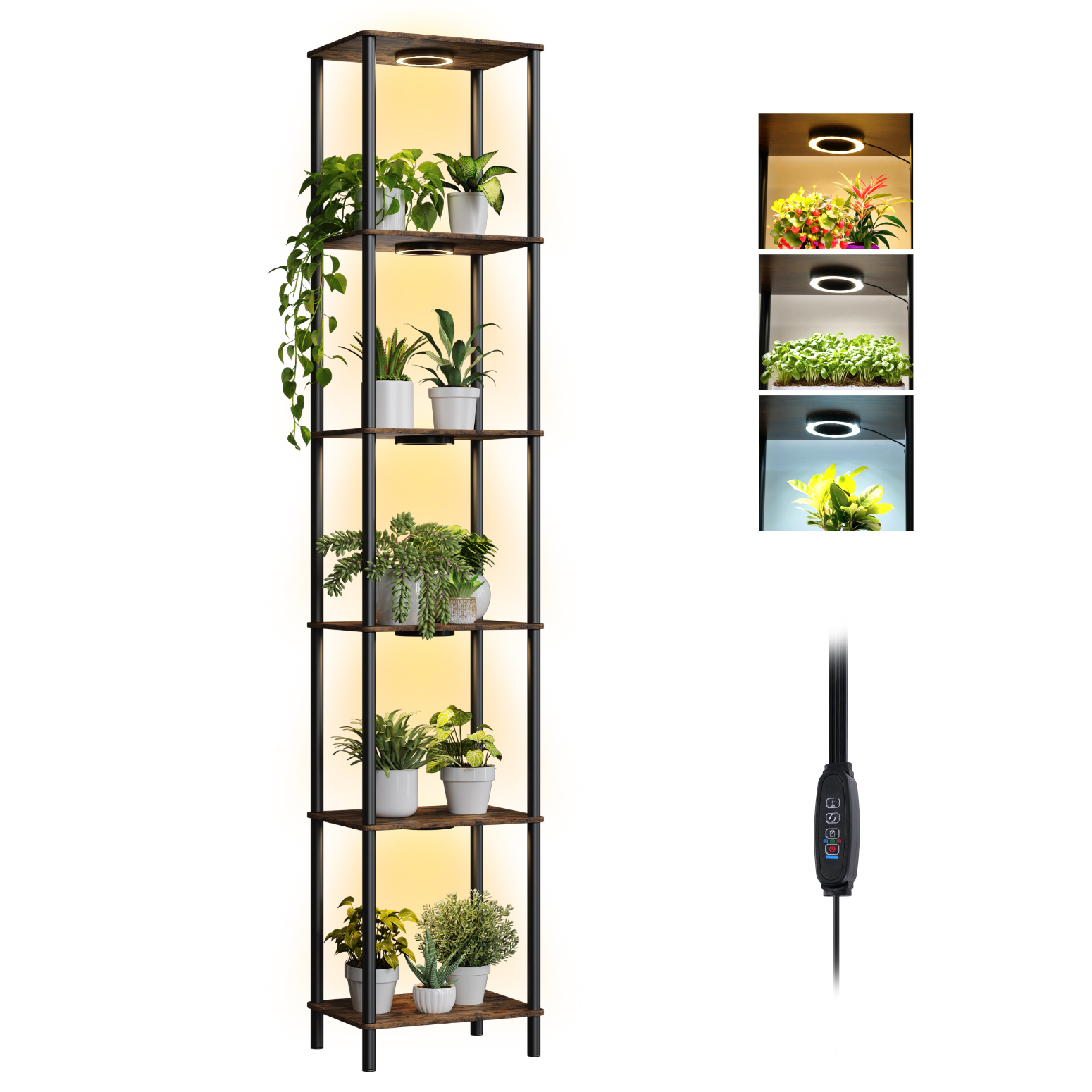 Bstrip Plant Stand with Grow Light, 81.3 Inch Tall Indoor Plant Shelf with 5 Full Spectrum LED Plant Lights, 6 Tier Metal and Wood Flower Stand with Adjustable Brightness & Timer, Lighted Plant Rack for Home Corner, Patio Decor