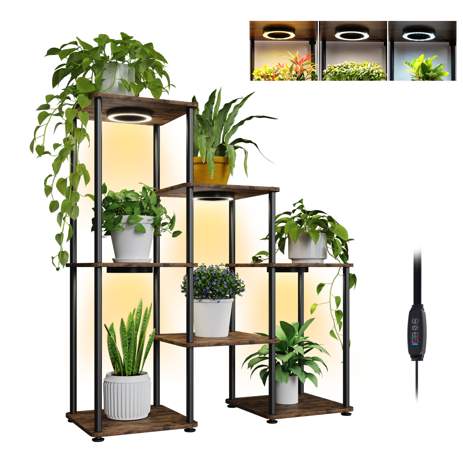 Bstrip Plant Stand with Grow Light, 33 Inch 7 Tier Indoor Plant Shelf with 4 Full Spectrum LED Plant Lights, Metal and Wood Flower Stand with Adjustable Brightness & Timer, Corner Plant Rack for Home Decor