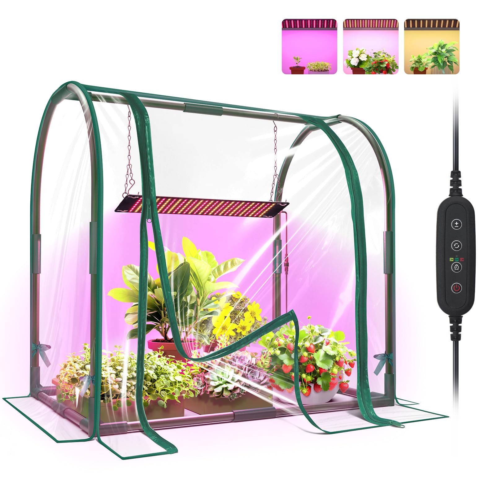 Mini Indoor Greenhouse with Grow Lights, 27.2"L X 19.9"W X 27.2"H Desktop Small Greenhouse with Zippered Door and PVC Cover for Seed Starting, 1.6FT 18W Plant Light for Indoor Plants with Timer