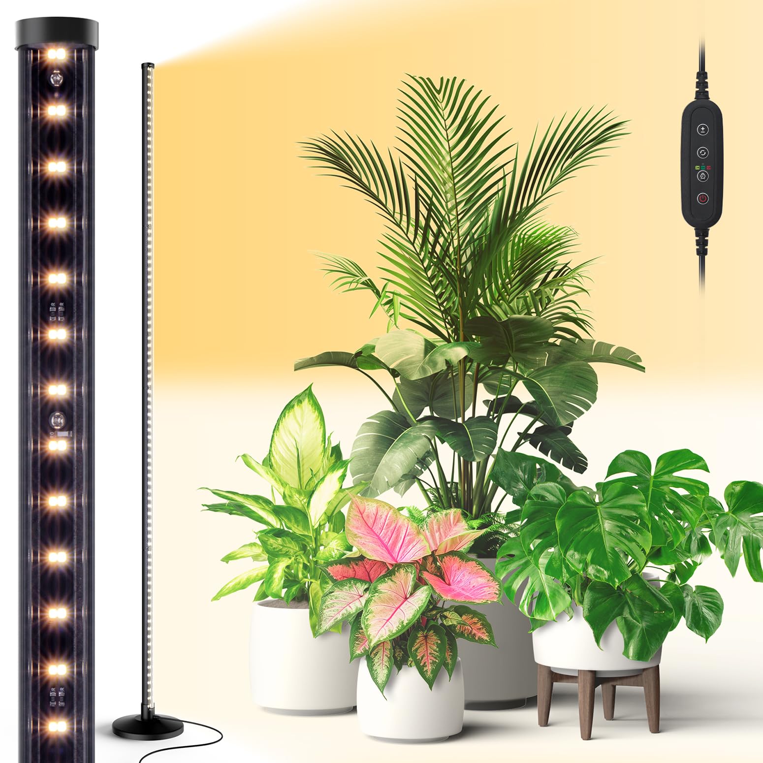 Standing Grow Lights for Indoor Plants,T10 Full Spectrum Vertical Grow Light Wide Illumination Area,16in-65in Adjustable Height Plant Light with Stand,3 Light Modes Floor Grow Light with Timer