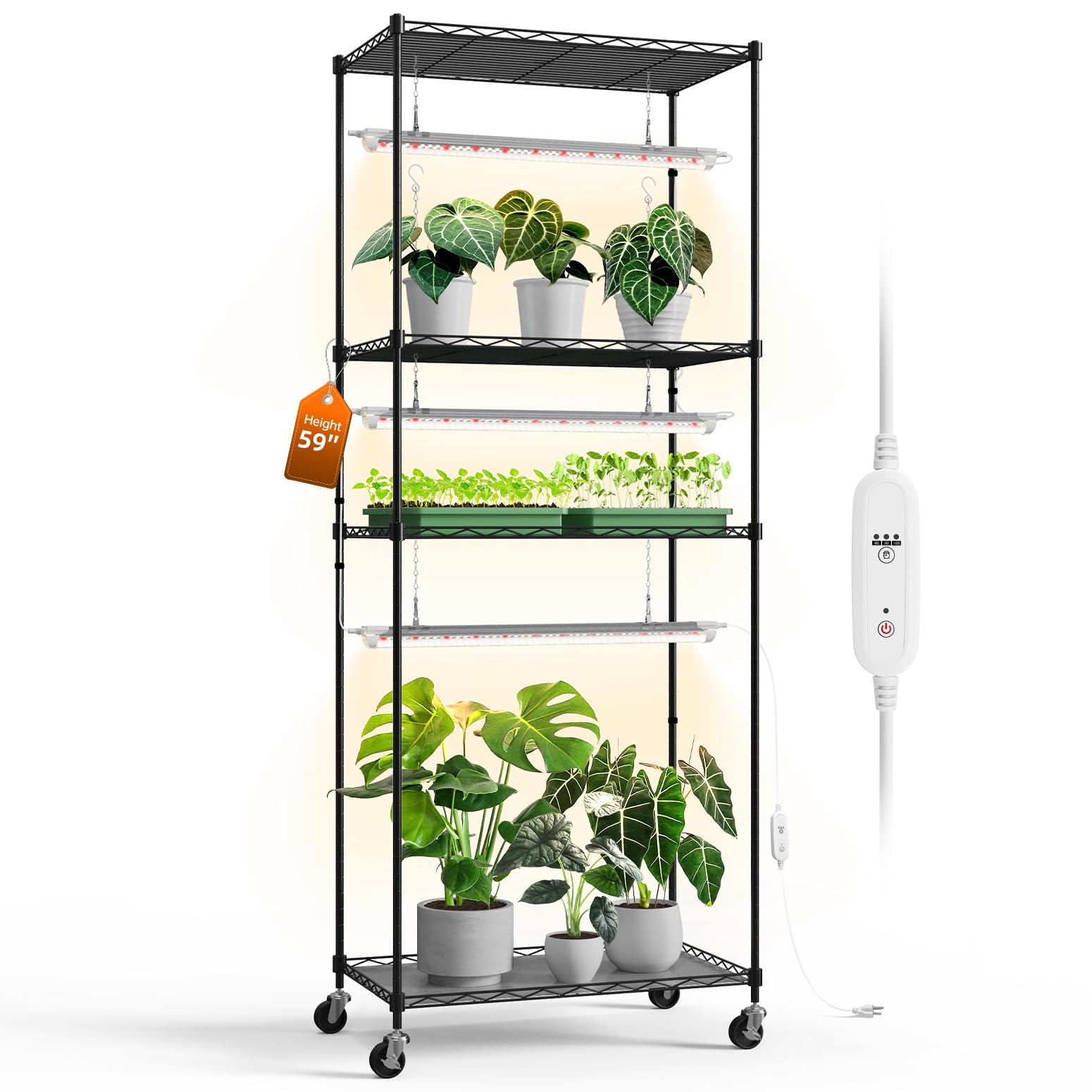 Plant Shelf with Grow Light with Timer, Plant Stand with Adjustable Rack and Wheels, 3 Pack 72W T8 2FT Full Spectrum Grow Lights for Indoor Plants, Seed Starting, Seed Tray, 23.5"x13.8"x59"
