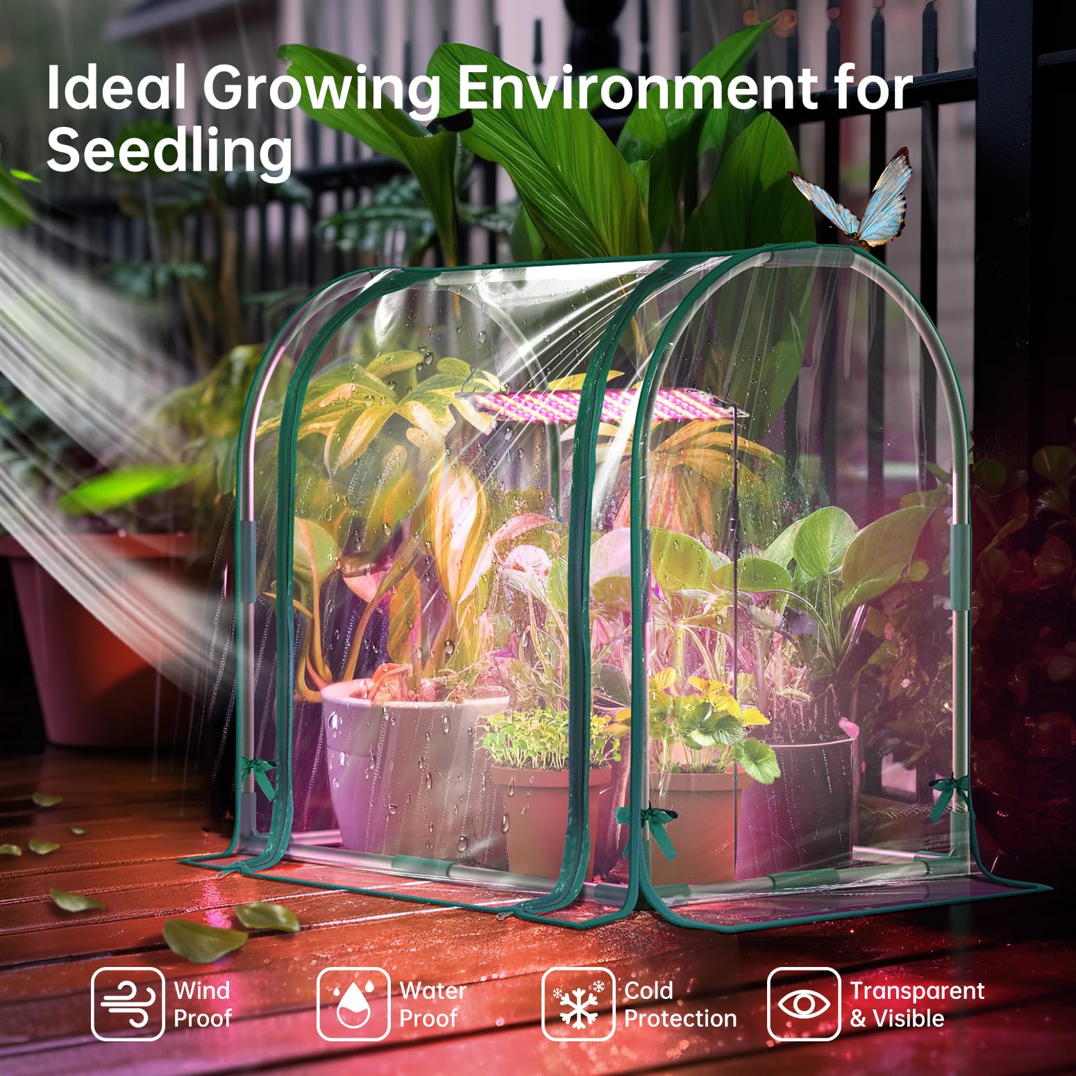 Mini Indoor Greenhouse with Grow Lights, 27.2"L X 19.9"W X 27.2"H Desktop Small Greenhouse with Zippered Door and PVC Cover for Seed Starting, 1.6FT 18W Plant Light for Indoor Plants with Timer