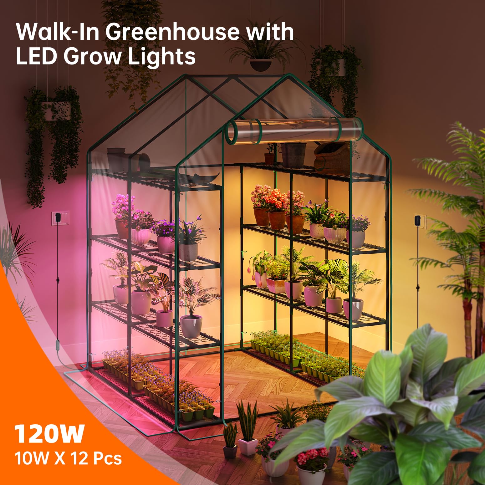 Walk In Greenhouse, Indoor Greenhouse with Grow Lights, Mini Indoor Greenhouse with Roll-Up Zipper Entry Door and PVC Cover, Dimmable 2FT 120W Plant Light with Timer (56.3"W X 56.3"L X 76.8"H )