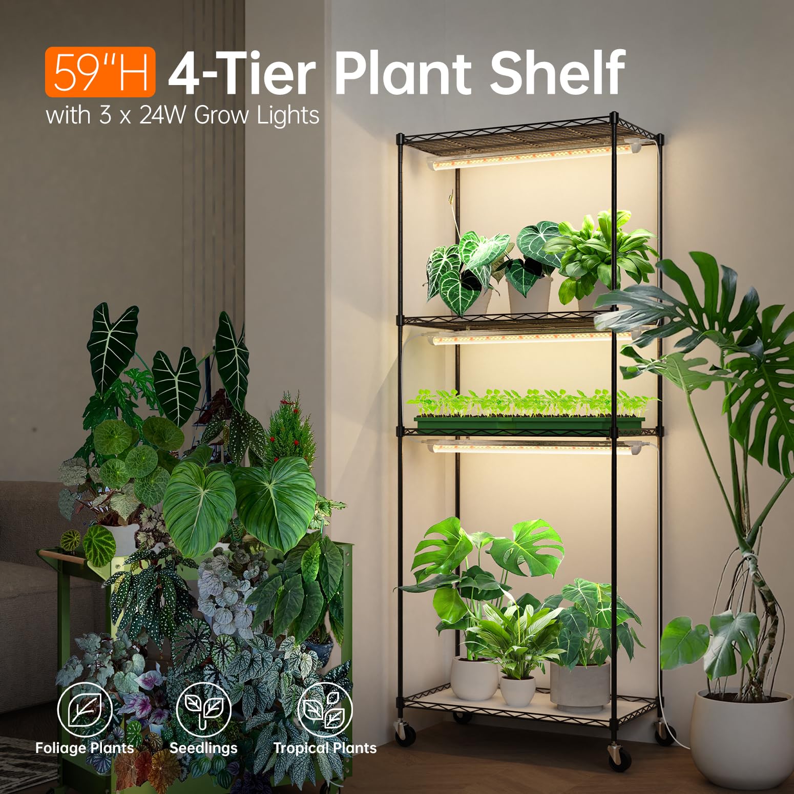 Plant Shelf with Grow Light with Timer, Plant Stand with Adjustable Rack and Wheels, 3 Pack 72W T8 2FT Full Spectrum Grow Lights for Indoor Plants, Seed Starting, Seed Tray, 23.5"x13.8"x59"