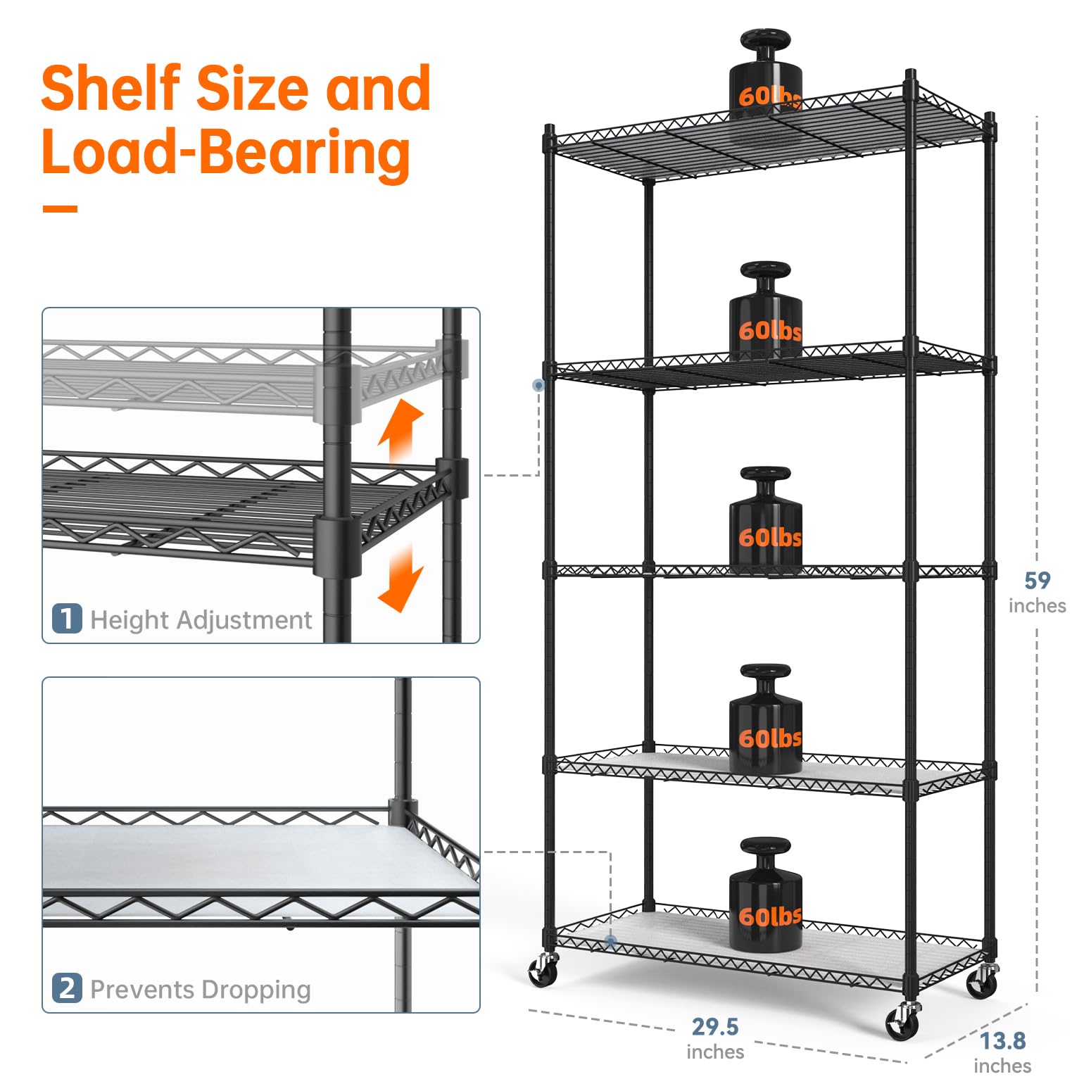 Plant Shelf with Grow Lights, 5-Tier Plant Stand with T8 24W Grow Light for Indoor Plants with Wheel, 5000K Full Spectrum LED Plant Light with Timer for Seedling, Seed Starting, 29.5x13.8x59IN