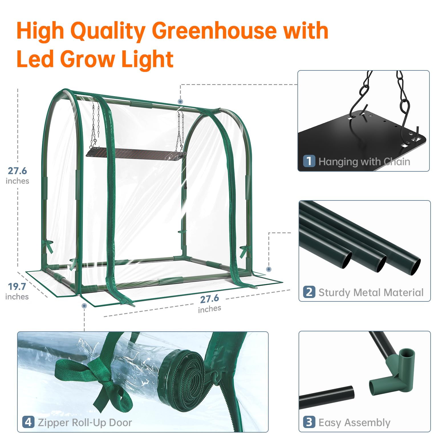 Mini Indoor Greenhouse with Grow Lights, 27.2"L X 19.9"W X 27.2"H Desktop Small Greenhouse with Zippered Door and PVC Cover for Seed Starting, 1.6FT 18W Plant Light for Indoor Plants with Timer