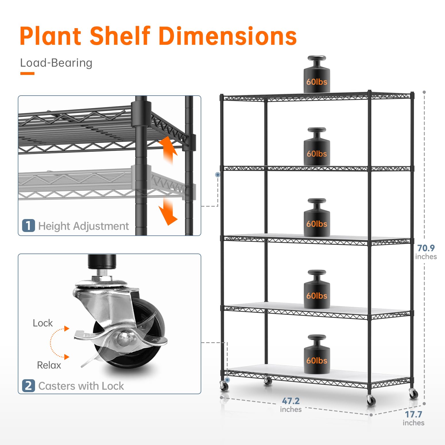 Plant Shelf with Grow Lights, 5 Tier Large Tall Plant Stand with 3FT T5 144w Grow Light for Indoor Plants, 3 Mode Full Spectrum LED Plant Light with wheel and Timer for Seedling, 47.2x17.8x71IN